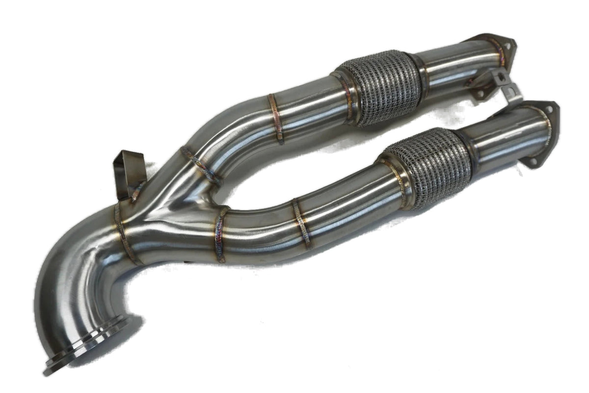 Stainless steel Y-pipe downpipe with two braided flex sections on a white background