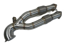 Stainless steel Y-pipe downpipe with two braided flex sections on a white background