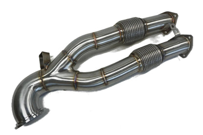 Stainless steel Y-pipe downpipe with two braided flex sections on a white background
