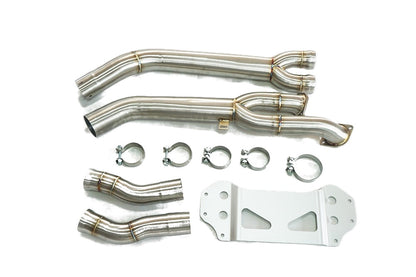 Stainless steel midpipes with clamps, connecting pipes and a support plate on a white background