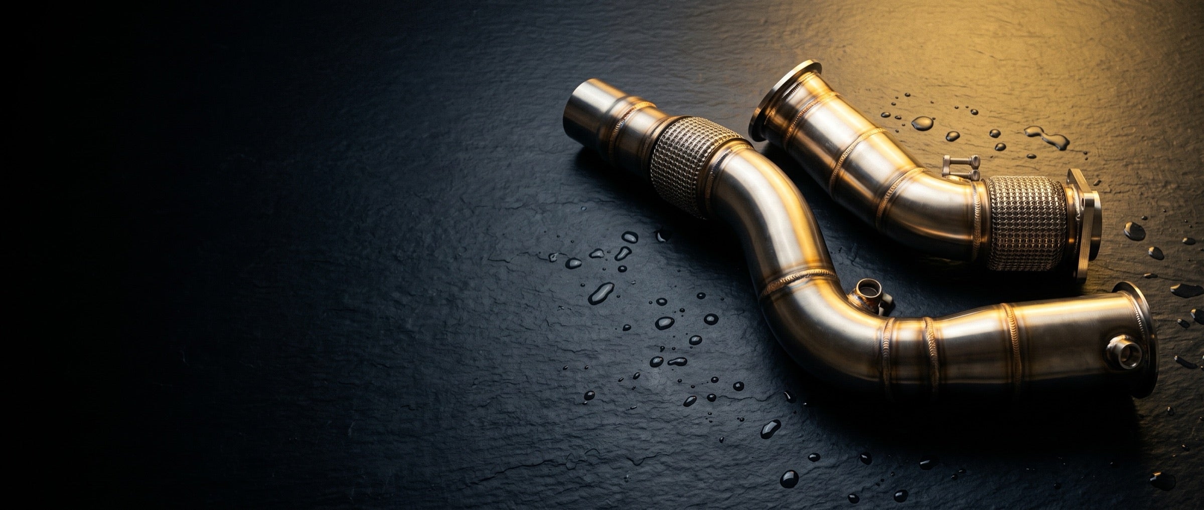 Two stainless steel downpipes with braided flex sections on dark slate