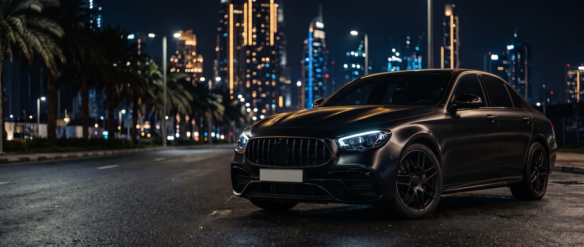 Black saloon on a palm lined city street at night